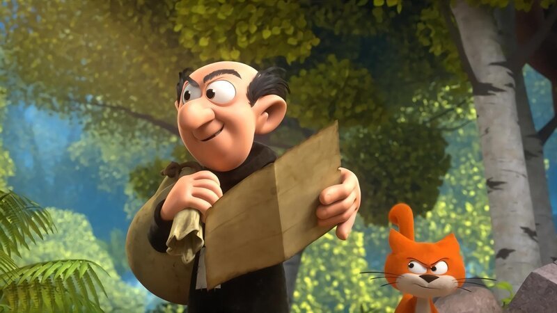 Mit Hilfe seiner Karte und der von den Schlümpfen markierten Stelle, hofft Gargamel das Schlumpfdorf zu finden. – Bild: KiKA/​Peyo Productions, Dupuis Édition & Audiovisuell 2020