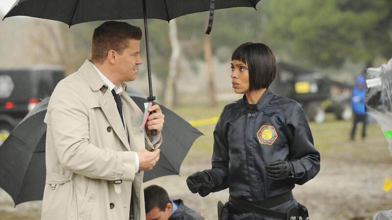 Booth (David Boreanaz) trifft am Tatort auf Cam (Tamara Taylor), die ihm von der blaugefärbten Leiche auf der Mülldeponie berichtet. – Bild: RTL /​ FOX