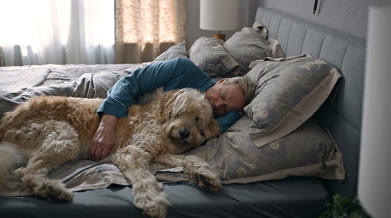 Eine neue Freundschaft: Hund Yoda darf bei Elmar (Jürgen Heinrich) mti ins Bett. – Bild: ARD Degeto/Michael Schreitel Eine neue Freundschaft: Hund Yoda darf bei Elmar (Jürgen Heinrich) mti ins Bett. – Bild: ARD Degeto/Michael Schreitel