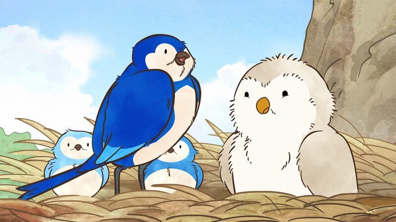 Das Küken aus dem Glücks-Ei ist sehr groß und ganz anders als Blauvogels eigene Küken. Doch obwohl es ganz anders ist, hat Blauvogel es genau so lieb wie ihre eigenen Kinder. – Bild: KiKA/​SLR Productions Australia Pty.Ltd./​Scrawl Studios Pte Ltd./​hr/​ARD