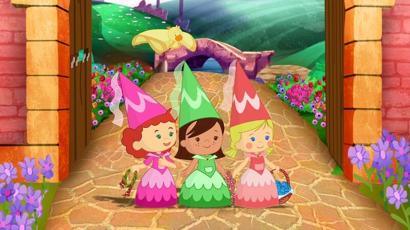 Zoé, Carla und Tanja sind auf die Geburtstagsparty der Prinzessin eingeladen. Auf dem Weg zum Schloss sammeln sie Geschenke für die Prinzessin: selbst gepflückte Beeren, handgeflochtene Blumenkränze, ein selbst geflochtenes Springseil. – Bild: KiKA/​Mike Young Productions