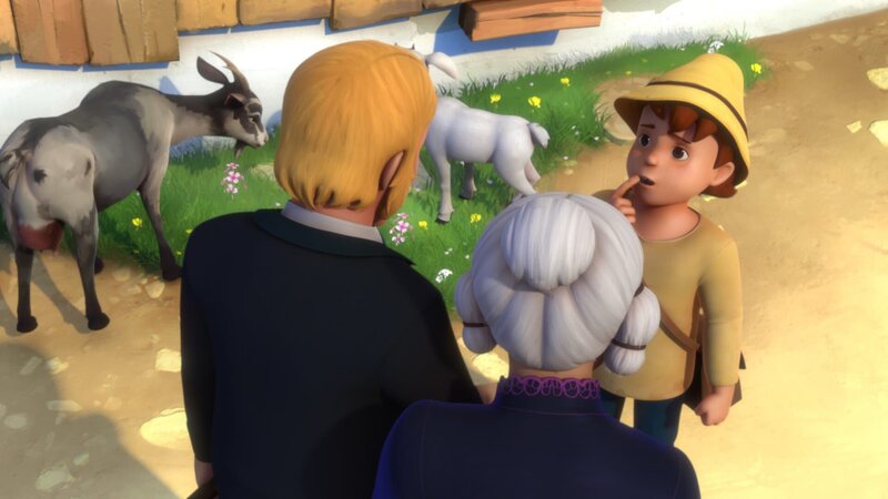 Peter erklärt Großmutter und Herrn Sesemann, wo sie Heidi und Clara finden. – Bild: ZDF/​Studio 100 Animation/​Heidi Productions Pty. Limited