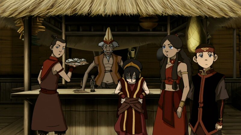 L-R: Sokka, Dock/​Xu/​Bushi, Toph, Katara, Aang – Bild: Nicktoons