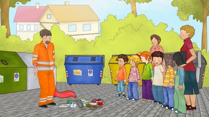 Klaus, der Müllmann erklärt den Kindern, worauf sie beim Müllsortieren achten müssen. – Bild: ZDF und Henning Windelband (Youngfilms GmbH)