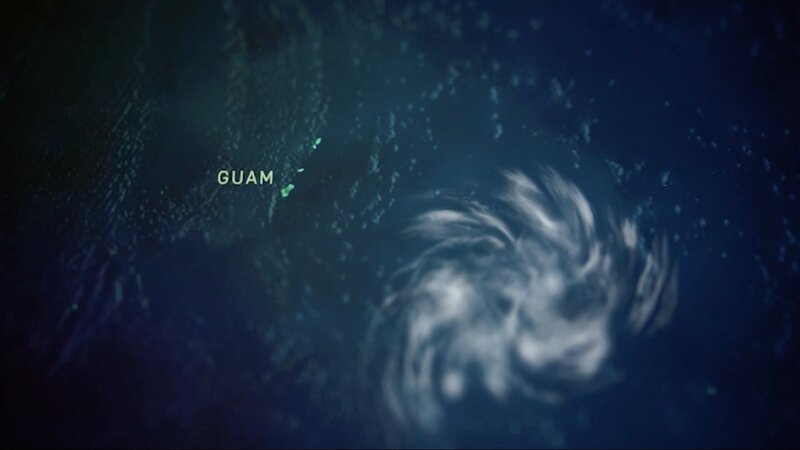 Karte mit der Position von Guam. Vergrößerung zeigt die Inselkette. Neues Sturmsystem im Südosten zu sehen. – Bild: National Geographic