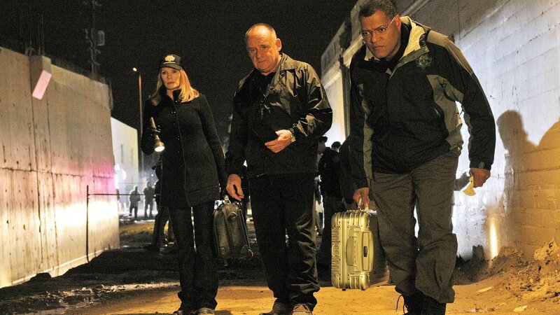 Als Catherine (Marg Helgenberger, li.), Captain Brass (Paul Guilfoyle, Mi.) und Dr. Langston (Laurence Fishburne) zu einem Tatort gerufen werden, erkennt Langston sofort, dass es sich bei dem Opfer um eine ehemalige Studentin von ihm handelt … – Bild: MG RTL D /​ CBS