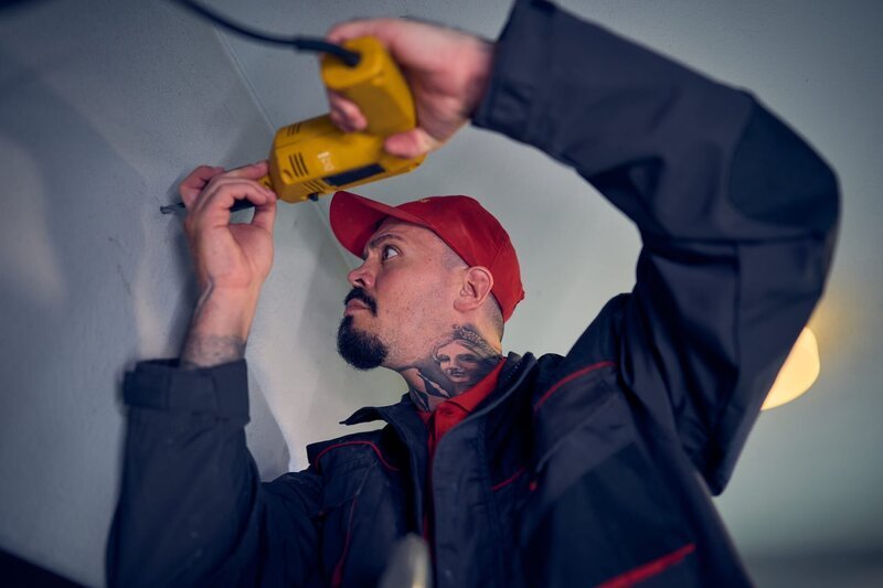 Ein Handwerker (Mariano Vivenzio) macht sich an der Wohnungstür von Caro und Yannik zu schaffen. – Bild: ZDF und Frank Dicks