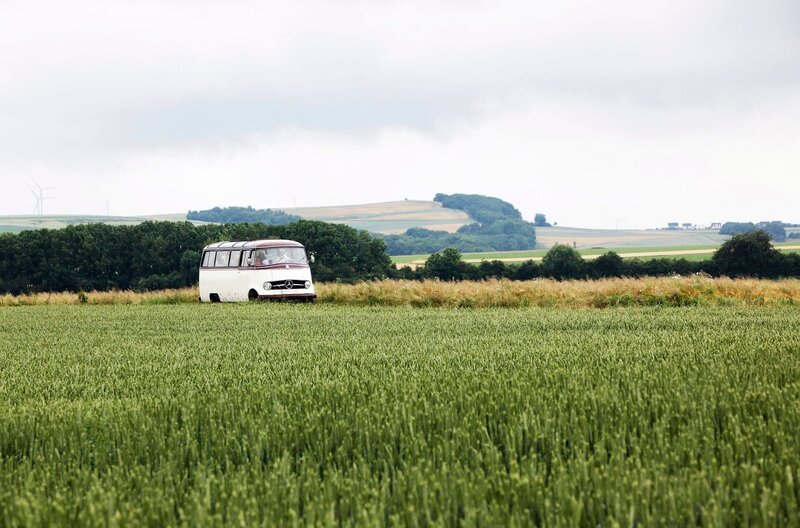 Der Lecker-aufs-Land-Bus „Willi“ (Mercedes, Baujahr 1963) zwischen Getreidefeldern. – Bild: SWR/​Anne Deiß /​ SWR-Presse/​Bildkommunikation