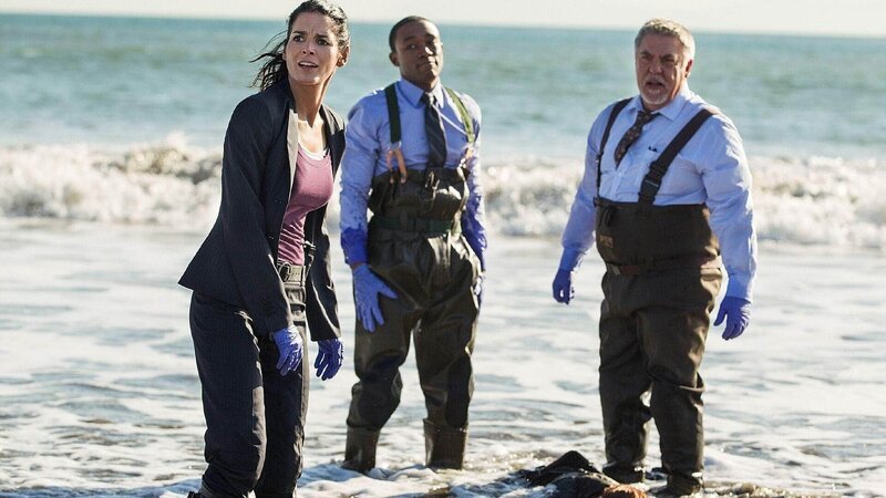 Die Detectives Korsak (Bruce McGill, r.) und Frost (Lee Thompson Young) zeigen Jane Rizzoli (Angie Harmon) die angespülte Leiche der Studentin Brenda Thomas (Emily Davenport, liegend). Doch irgendwas lenkt sie ab. – Bild: TVNOW /​ Warner Bros