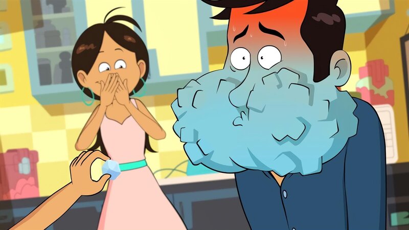 Wendy tut Papa leid. Marine reicht ihm Eiswürfel als Chili-Gegenmittel. – Bild: NDR/​Bamboo Production/​Samka Productions