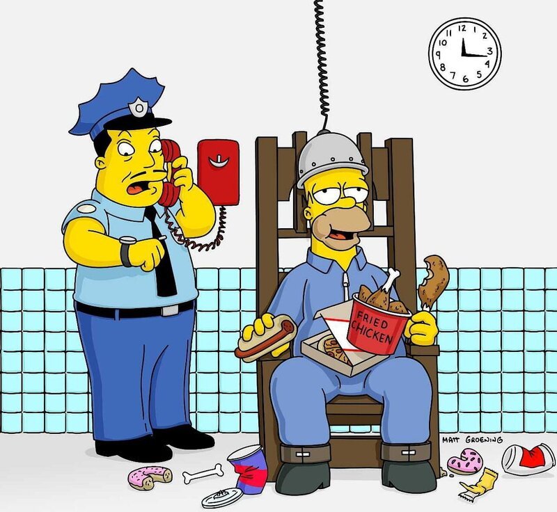Um Marge zu retten, nimmt Homer (r.) den Mord an der alten Dame auf sich. Aber erst als er auf dem elektrischen Stuhl sitzt, stellt sich heraus, dass das Ganze nur eine Fernsehinszenierung ist. – Bild: Twenthieth Century Fox Film Corporation