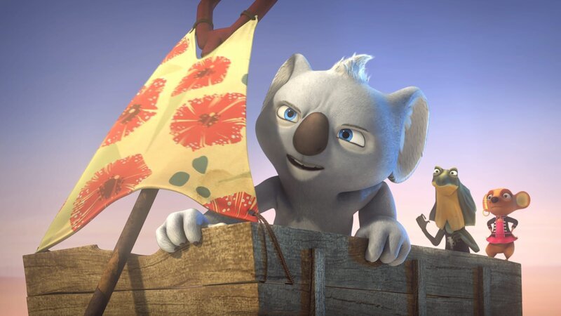 Blinky, Jacko und die Pirattenkönigin verfolgen das Schiff, um Marcia und die Törtchen aus den Fängen der Piratten zu befreien. – Bild: KiKA/​Studio 100 Media/​Flying Bark