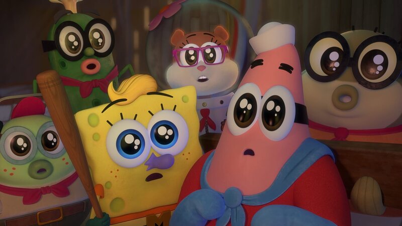 v.li.: Harvey, Kevin, SpongeBob, Sandy, Patrick, Bubble Bass – Bild: Paramount