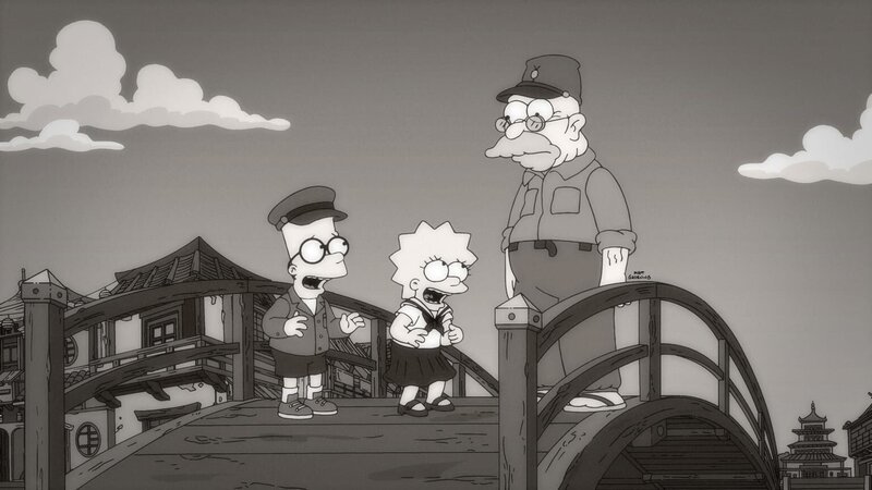 Die ganze Stadt glaubt, dass Barts (l.) und Lisas (M.) Großvater (r.) verrückt ist, da er, um das Seemonster Homerzilla zu besänftigen jeden Tag einen Donat ins Meer wirft. Doch als er verstirbt, taucht Homerzilla auf und bringt Tod und Verwüstung mit sich. – Bild: Fox and its related entities.