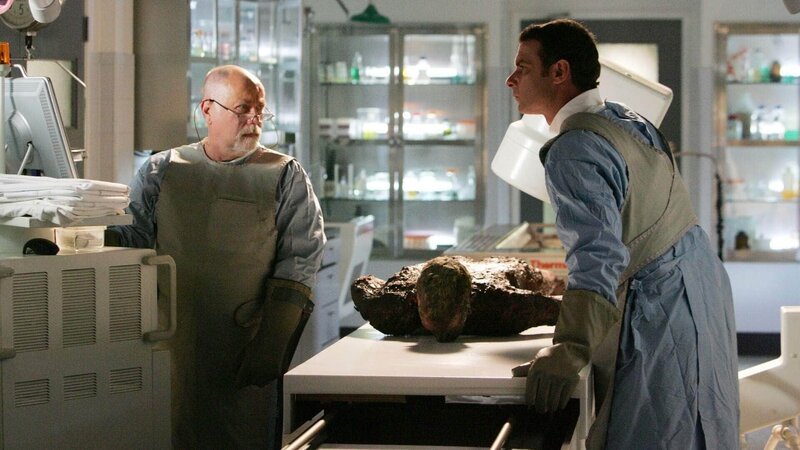 Doc Robbins (Robert David Hall, li.) und Michael Keppler (Liev Schreiber) erleben bei der Obduktion eine Überraschung: Aus der Leiche wurden sämtliche noch verwertbare Körper- und Gewebebeteile entwendet. Stattdessen finden sie im Körper des Toten Plastikrohre, einen Besenstiel und sogar einen Regenschirm. – Bild: TVNOW /​ CBS