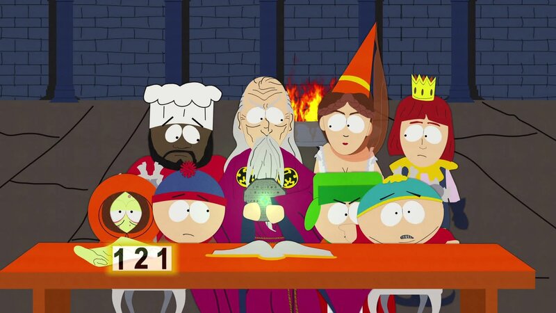 Kenny (l.), Chef (2.v.l.), Stan (3.v.l.), Excalibur Sorcerer (m.), Kyle (vorne, 2.v.r.), Eric (vorne, r.), Excalibur Barker (hinter, r.) – Bild: ViacomCBS