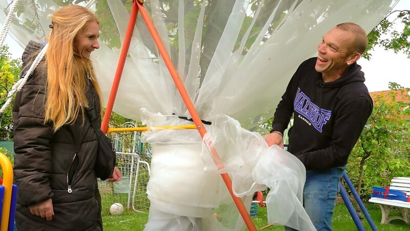 In Mannheim-Waldhof sind Frank und Manuela mit dem Abdecken des großen Kirschbaums zugange und erhoffen sich durch ihre Aktion eine ertragreiche Ernte. – Bild: RTLZWEI