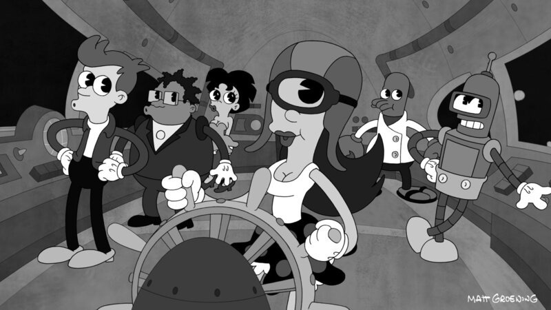 Aliens, die nur durch Tanz kommunizieren, bedrohen die Erde. Verzweifelt versuchen Fry (l.), Hermes (2.v.l.), Amy (3.v.l.), Leela (3.v.r.), Zoidberg (2.v.r.) und Bender (r.) … – Bild: 2011 Twentieth Century Fox Film Corporation. All rights reserved. Lizenzbild frei