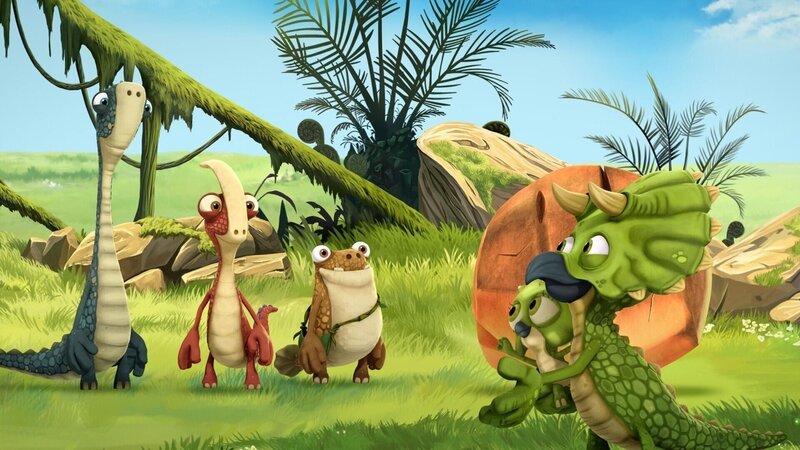 Trey beauftragt Tiny damit, einen Triceratops-Trainingskurs für ihre kleine Schwester Tory zu erstellen. – Bild: SUPER RTL