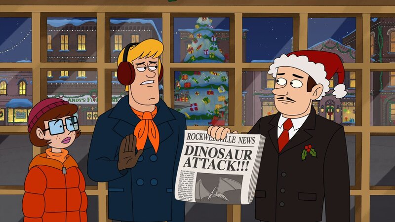 v.li.: Velma Dinkley, Fred Jones, Mayor Riker – Bild: Cartoonito