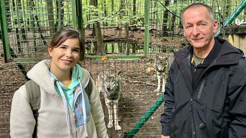 Anna und Tierpfleger Falk bei der Wolfsfütterung im Tierpark Kunsterspring. (Falk Knudsen) – Bild: BR/​TEXT+BILD Medienproduktion GmbH & Co. KG/​Michael Jany
