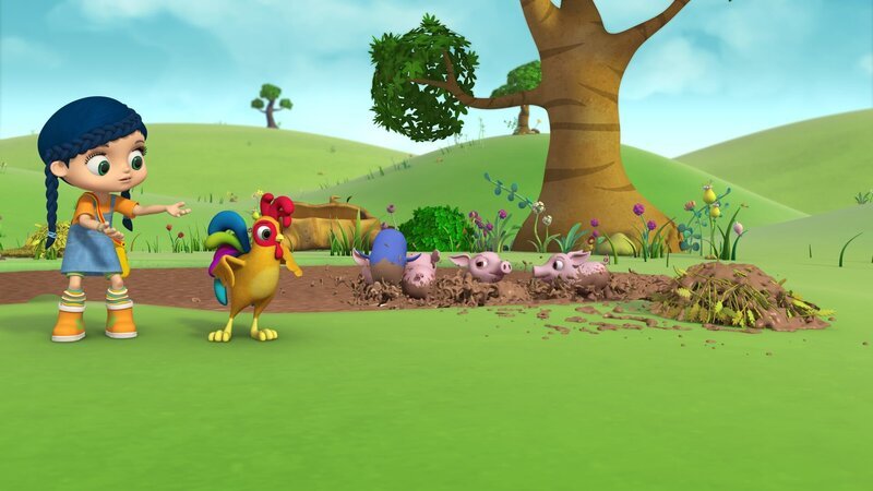 Wissper – Hansi als Schweinchen- Sitter – Diesmal helfen Wissper und Peggy Hansi, dem Hahn: Frau Sülze ist Trüffel suchen und er soll sich solange um ihre vier kleinen Schweinchen kümmern. Diese Aufgabe überfordert ihn aber, denn die Ferkel müssen zuerst gebadet werden und sollen dann eigentlich schlafen gehen. Er erzählt eine Gute-Nacht-Geschichte, aber die ist ihnen zu langweilig und sie bleiben putzmunter. Foto: ORF/​STUDIO 100 MEDIA. Veröffentlichung honorarfrei nur für redaktionelle Berichterstattung in Sendungszusammenhang und mit Copyrightangabe. Kontakt: foto@orf.at – Bild: ORF/​STUDIO 100 MEDIA