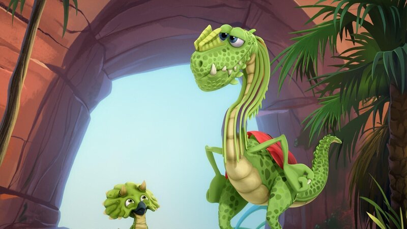 Die vier kleinen Dinos halten Dilo für einen großen Helden, als er sie vor Spinosaurus beschützt. +++ Die Verwendung des sendungsbezogenen Materials ist nur mit dem Hinweis und Verlinkung auf RTL+ gestattet. – Bild: SUPER RTL /​ Super-Dilo!