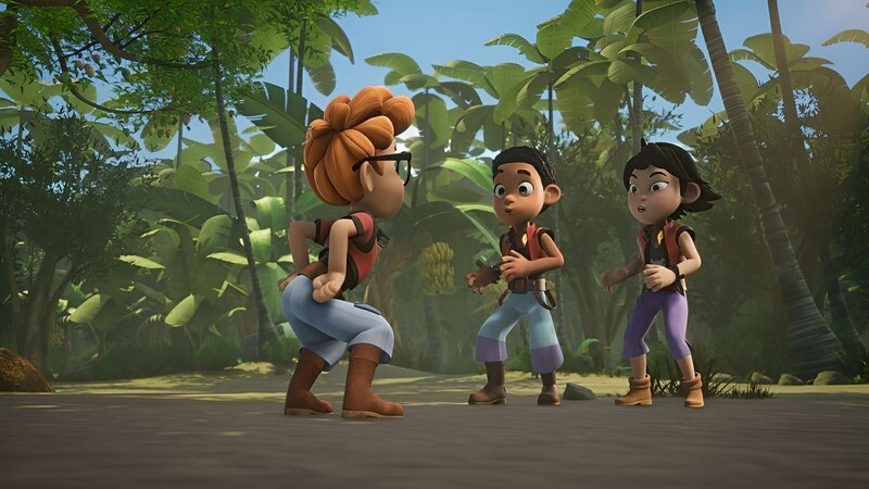 Finn und Zoe fallen aus allen Wolken. Alexander hat sich scheinbar in einen Strauß verwandelt. – Bild: ZDF/​Method Animation/​Mediawan kids & family