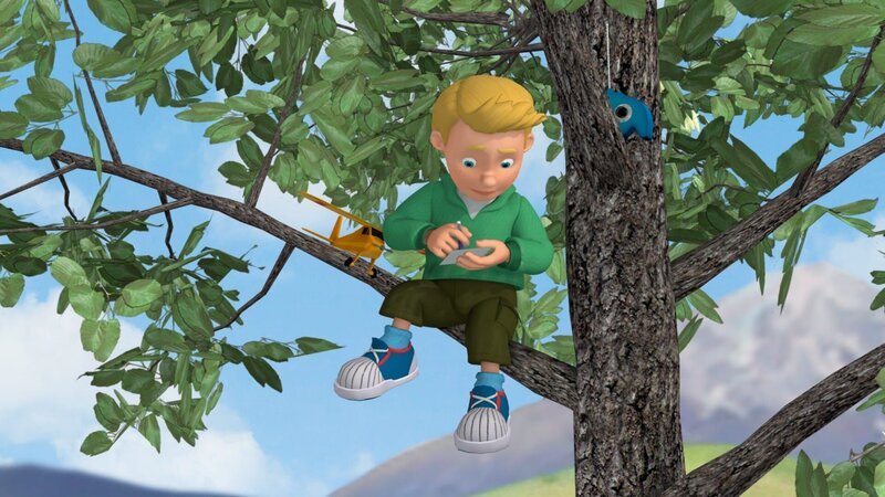 James sitzt auf einem Baum fest und schreibt eine Nachricht, die er mit seinem Flugzeug in die Stadt schickt. – Bild: KI.KA/​HIT Entertainment