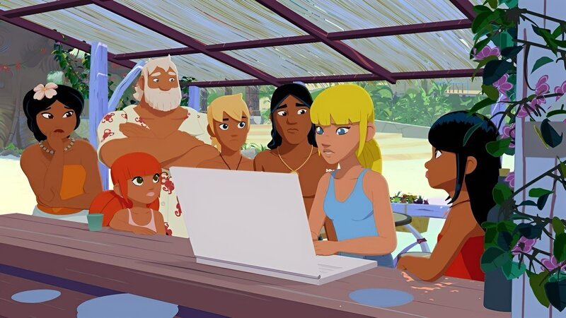 Clarissa (2. von rechts) initiiert eine Online-Kampagne, um das Naturschutzgebiet vor der Insel Maotou vor einer Bebauung durch Terence Werner zu retten. Maeva (links), Marina (2. von links), Onkel Patrick (3. von links), Yann (4. von links), Auru (3. von rechts) und Timeti (rechts) unterstützen sie dabei. – Bild: ZDF/​Media Valley/​Marzipan Films