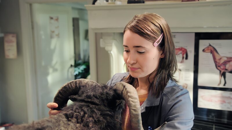 Mia (Margot Nuccetelli) beruhigt eine Ziege, die zur Behandlung in der Tierarztpraxis von Dr. Carina ist. – Bild: ZDF/​2023 m4e GmbH