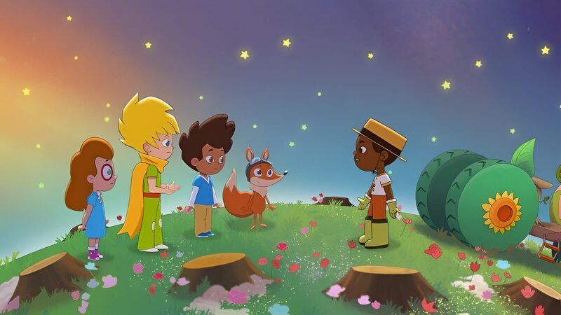 Der kleine Prinz, Charlotte, Elias und der Fuchs treffen einen Gärtner, dessen Kirschbäume verschwunden sind. – Bild: WDR/​2024 Method Animation