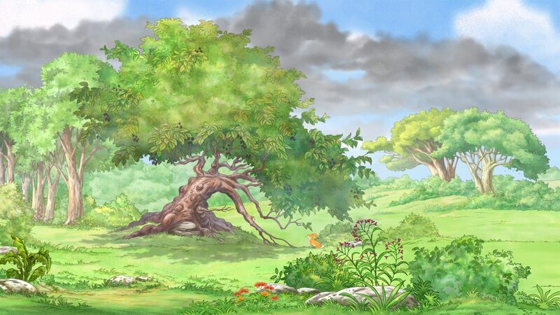 Der kleine Hase und die kleine Feldmaus entdecken beim Spielen auf der Wiese einen ganz besonderen Baum. Er sieht nicht nur schön aus und trägt köstlich aussehende Früchte, man kann vor allem toll auf ihm spielen. Sie erklären ihn zu ihrem neuen Lieblingsbaum. – Bild: KiKA/​SLR Productions Australia Pty.Ltd./​Scrawl Studios Pte Ltd./​hr/​ARD