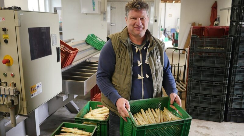 Wer im Frühjahr durch Brandenburg fährt, sieht Landschaften unter Folie: Spargelfelder, so scheint es, sind nur im Anbau unter kilometerlangen Plastiktunneln wirtschaftlich. Der Film begleitet die Familie Scharkowski durch die Spargelsaison. Er will herausfinden, was hier anders läuft. – André Scharkowski, Spargelbauer. – Bild: rbb/​Felix Krüger