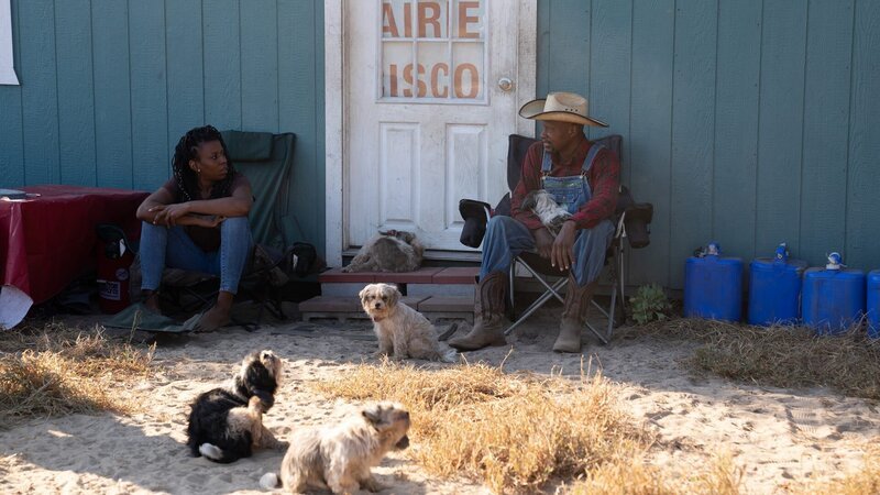 Ken and Christine sitting outside their homestead with their dogs – Bild: TLC