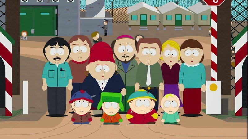 Vorne, l-r: Stan, Kyle, Eric, Butters. Hinter, l-r: Randy, Sharon, Sheila, Gerald, Stephen, Linda, Liane – Bild: Paramount