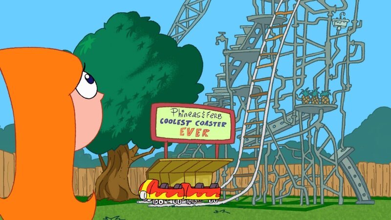 „Disneys Phineas und Ferb“, „Die Achterbahn /​ Geburtstags(alp)träume.“ Während ihre Mutter Lindana einkaufen geht, verwirklichen Phineas und Ferb wieder einen ihrer fantastischen Pläne: Sie wollen die coolste Achterbahn der Welt bauen. Schwester Candace traut ihren Augen nicht. Mit allen Mitteln will sie ihre Brüder bei ihrer Mutter verpetzen. – Bild: Disney Channel