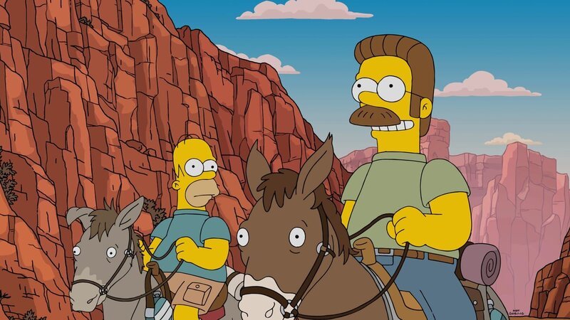L-R: Da Maggie mal wieder nicht schlafen will, erzählt Homer ihr eine Urlaubs-Geschichte von ihm, Ned und den Familien. – Bild: Pro 7 /​ Fox and its related entities