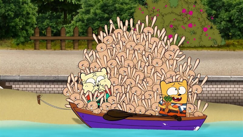 Ollie und Moon mit vielen, verfressenen Kaninchen auf einem Ruderboot. – Bild: BR/​Cottonwood Media