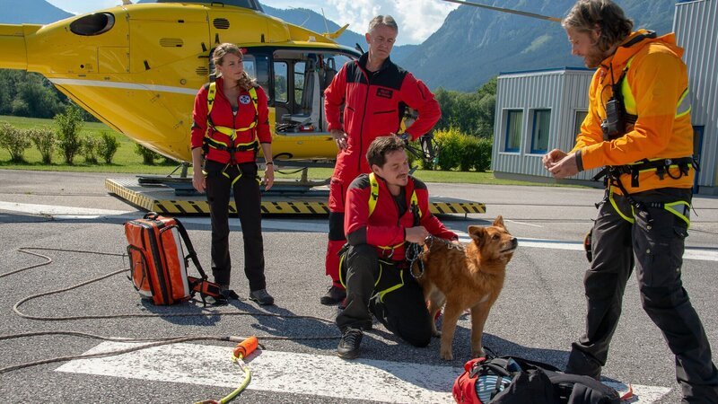Dank der Bergretter Markus (Sebastian Ströbel, r.), Tobias (Markus Brandl, 2.v.r.), Michael (Robert Lohr, 2.v.l.) und Katharina (Luise Bähr, r.) hat Benni endlich wieder Boden unter den Pfoten. – Bild: ZDF