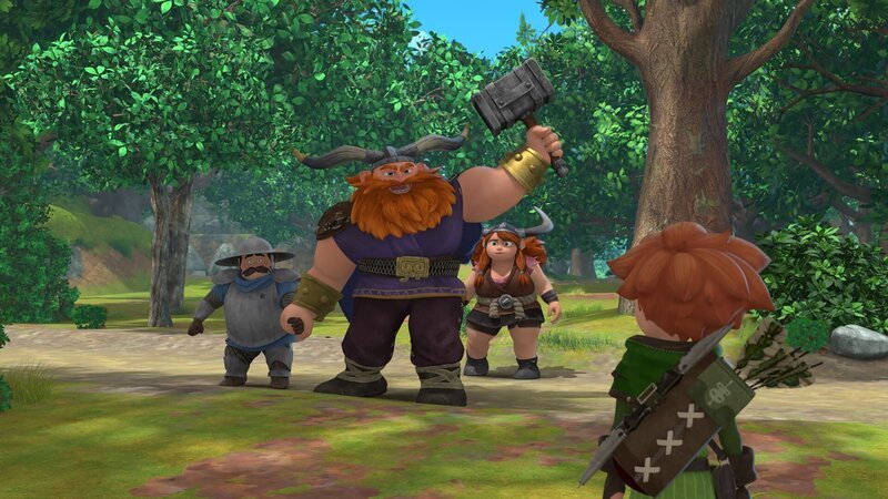 Fürst Harald (2.v.li.) hat den Sheriff (li) und Herfrid (2.v.re.) gemeinsam in einem Busch gesehen. Nach altem Wikingerbrauch heißt das nun: Heirat! – Bild: ZDF und Method Animation