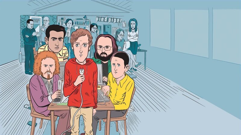 L-R: T.J. Miller as Erlich Bachman, Kumail Nanjiani as Dinesh Chugtai, Thomas Middleditch as Richard Hendricks, Martin Starr as Bertram Gilfoyle and Zach Woods as Donald ‚Jared‘ Dunn. – Bild: port.hu