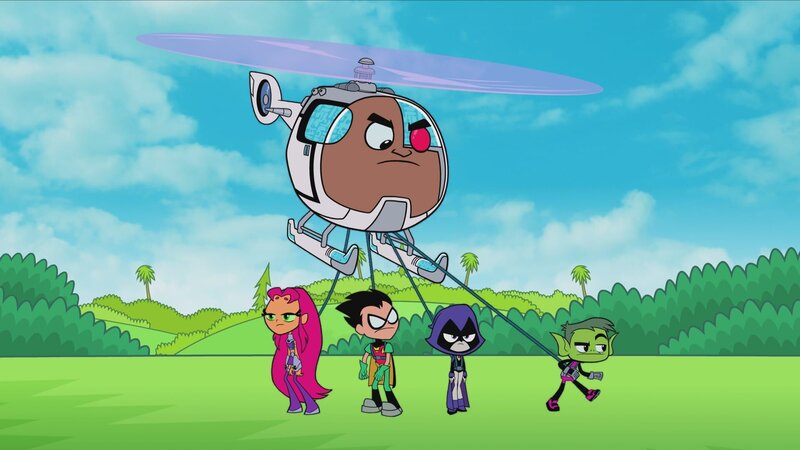 Oben: Cyborg. Unten, v.li.: Starfire, Robin, Raven, Beast Boy. – Bild: Warner Bros. Entertainment Inc.