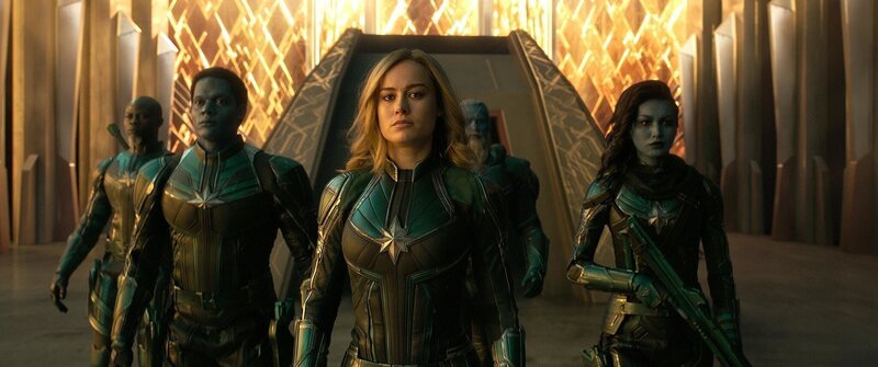 Marvel Studios’ CAPTAIN MARVEL..L to R: Korath (Djimon Hounsou), Att-Lass (Algenis Perez Soto), Carol Danvers/​Captain Marvel (Brie Larson), Bron-Char (Rune Temte) and Minn-Erva (Gemma Chan) ..Photo: Film Frame..©Marvel Studios 2019 – Bild: PLURIMEDIA (The Walt Disney Company France /​ Marvel Studios)