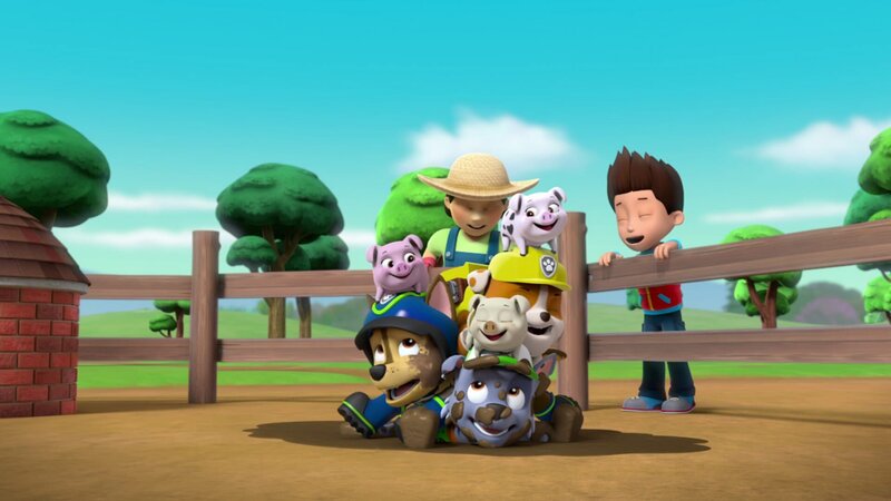 Piglets, Chase (vorne, unten, l.), Rocky (vorne, unten, r.), Rubble, Farmer Yumi (hinter, l.), Ryder (hinter, r.) – Bild: ViacomCBS