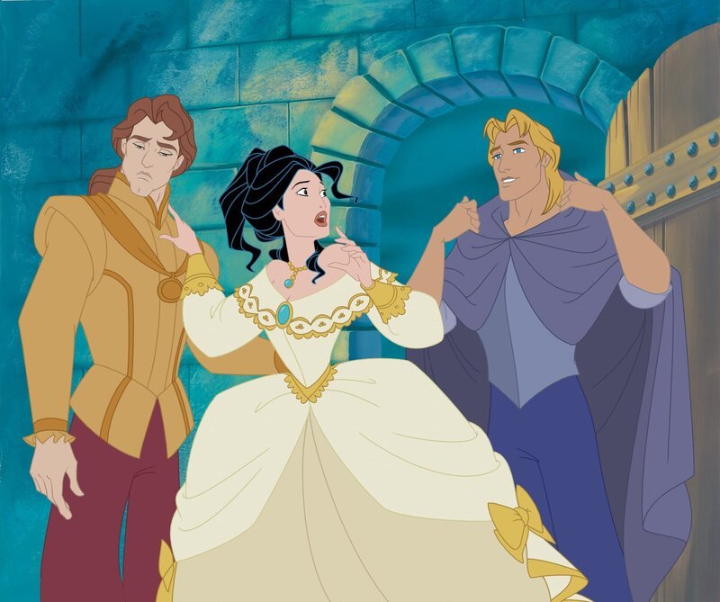 Pocahontas steht vor einer schwierigen Wahl: Welchen Mann liebt sie? Ihren John Smith (re.)? Oder den großmütigen und tapferen John Ralph? – Bild: Disney