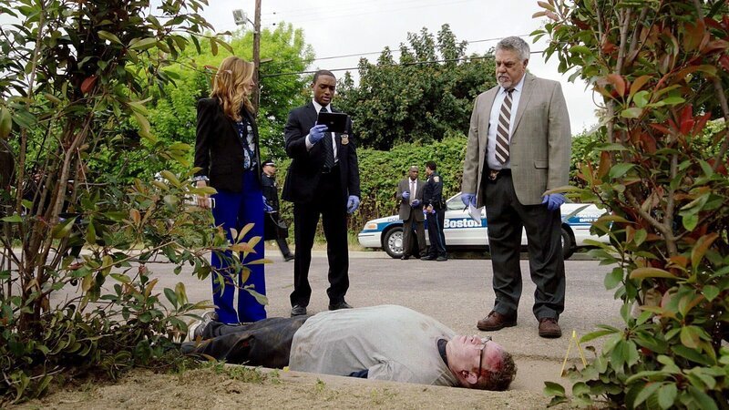 Lehrer David Sutton (Chris Tallman) ist von einem Auto überfahren worden. Maura (Sasha Alexander), Detective Korsak (Bruce McGill, r.) und Detective Frost (Lee Thompson Young) besichtigen den Tatort. +++ – Bild: RTL /​ Warner Bros. Entertainment /​ Alle für Eine