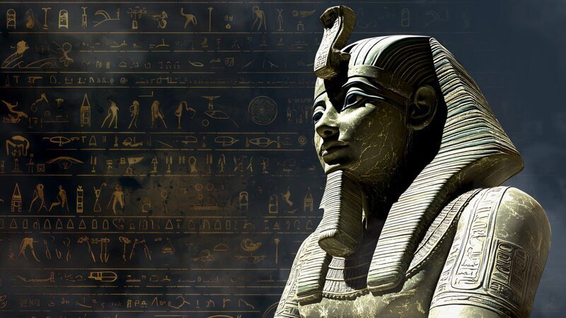 Das antike Sakkara diente zu pharaonischer Zeit als Friedhof. Experten schätzen, dass bislang nur ein Bruchteil der Schätze gefunden wurde, die in Sakkara im Erdreich verborgen liegen. – Bild: ZDF und AdobeStock_964116029 (Pharao Statue), AdobeStock_868796505 (Dunstwolken)