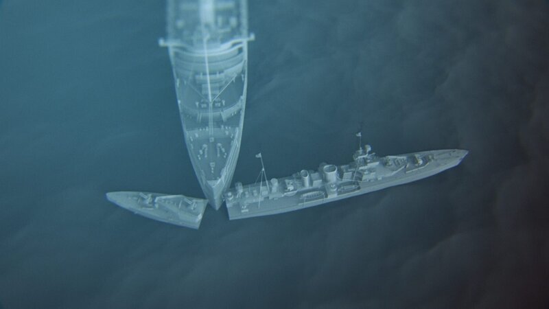 CGI showing how Queen Marry strikes Curacao breaking her into two. – Bild: MSP