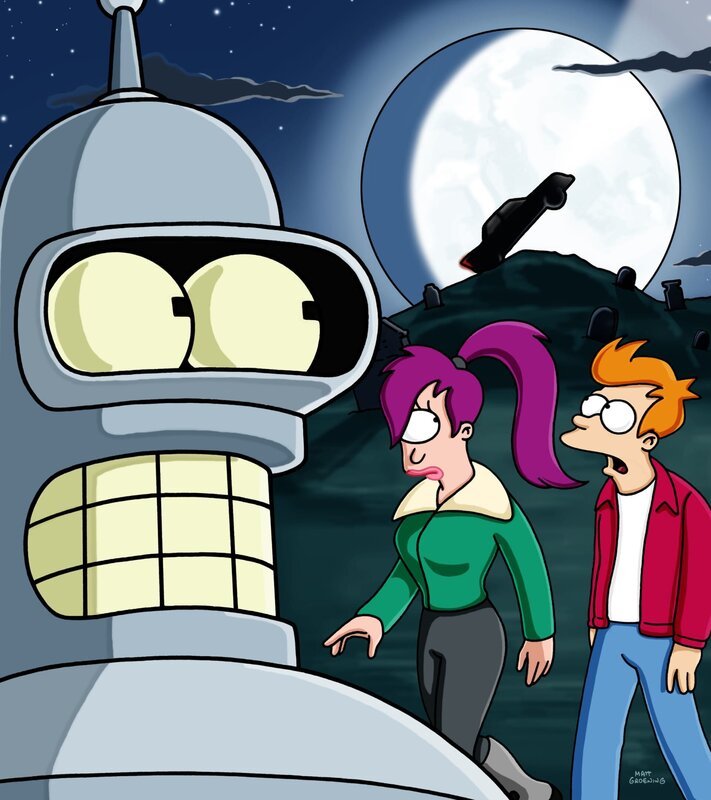 Bender (l.), Leela (M.) und Fry (r.) machen sich auf die Suche nach dem Original-Werwagen … – Bild: GLEN